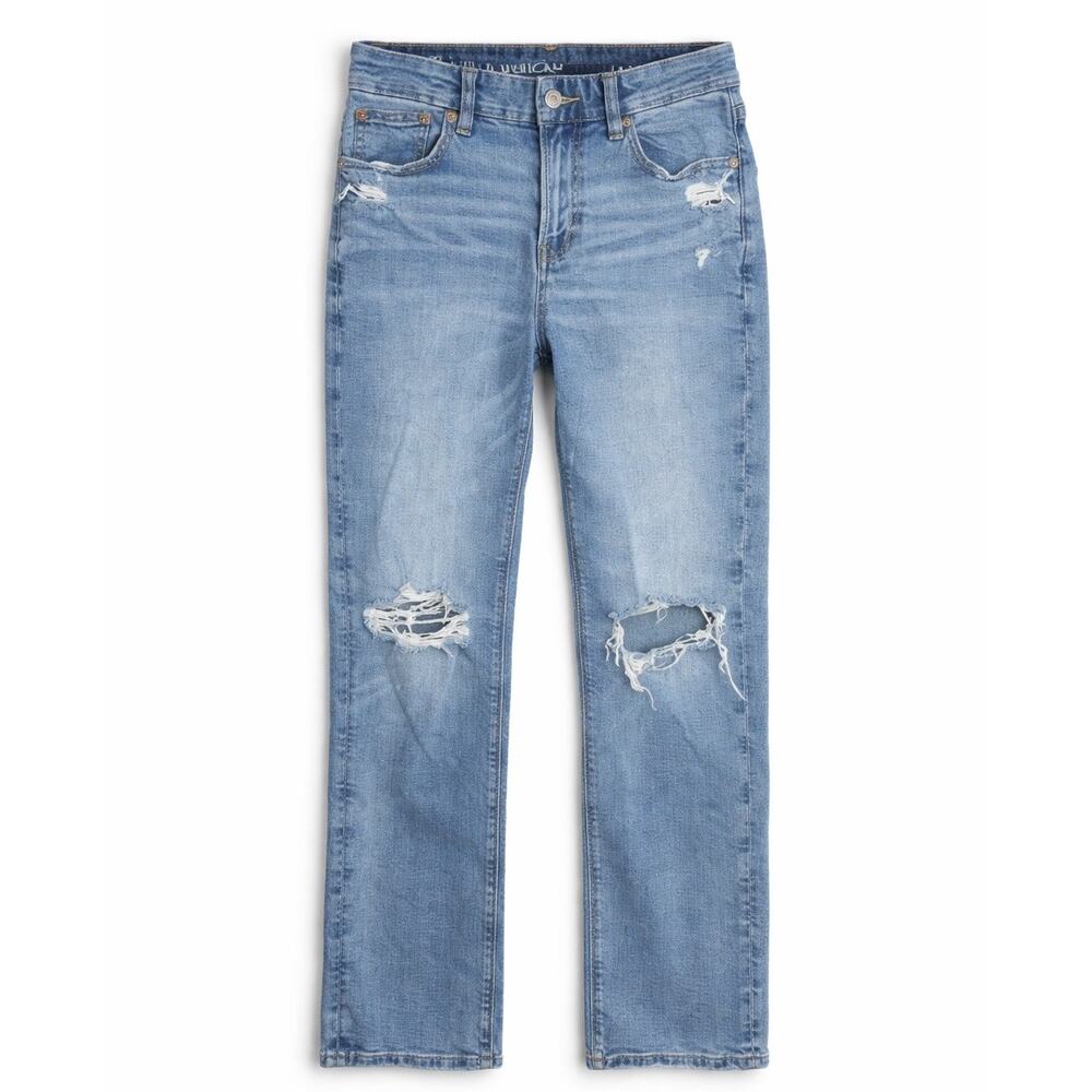 American Eagle Curvy Straight Distressed Jeans Light Wash Stretch Size 2